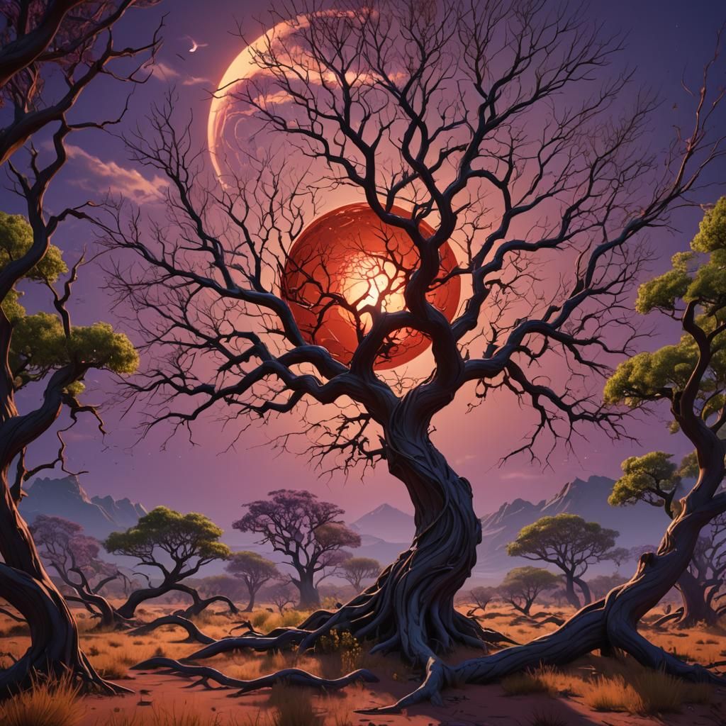 Fantastical Landscape with Red Sun and Blue Tree
