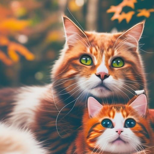 Anime Cats Cuddling in Autumn Forest