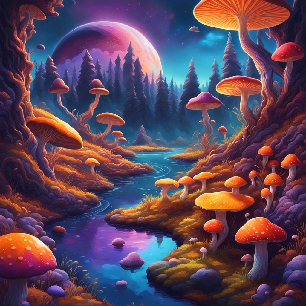 Psychedelic Planet with Glowing Mushrooms in Surreal Style