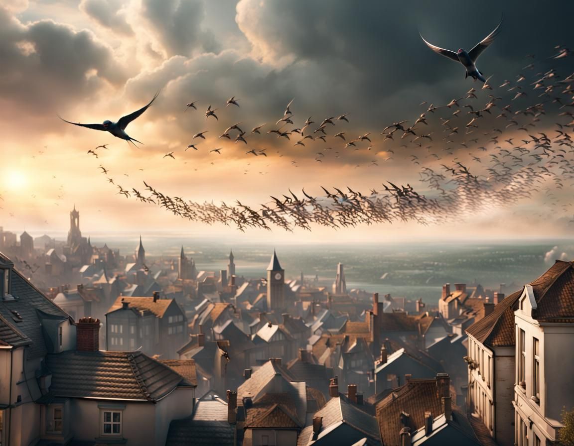 Swallows Wheel Over Town: Digital Matte Painting