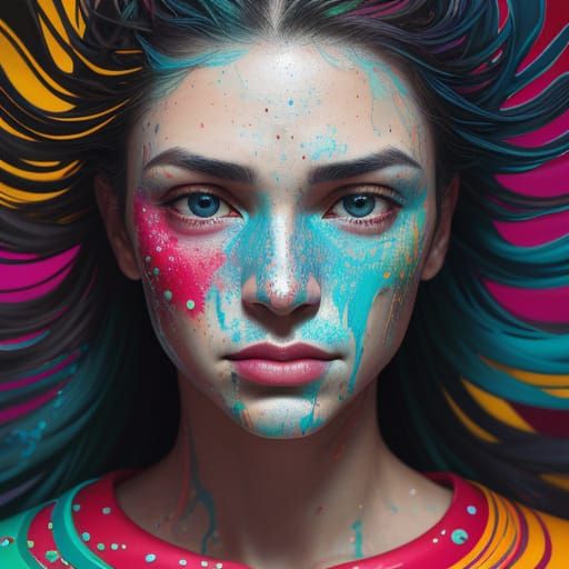 Surreal Portrait of Shock and Colorful Chaos