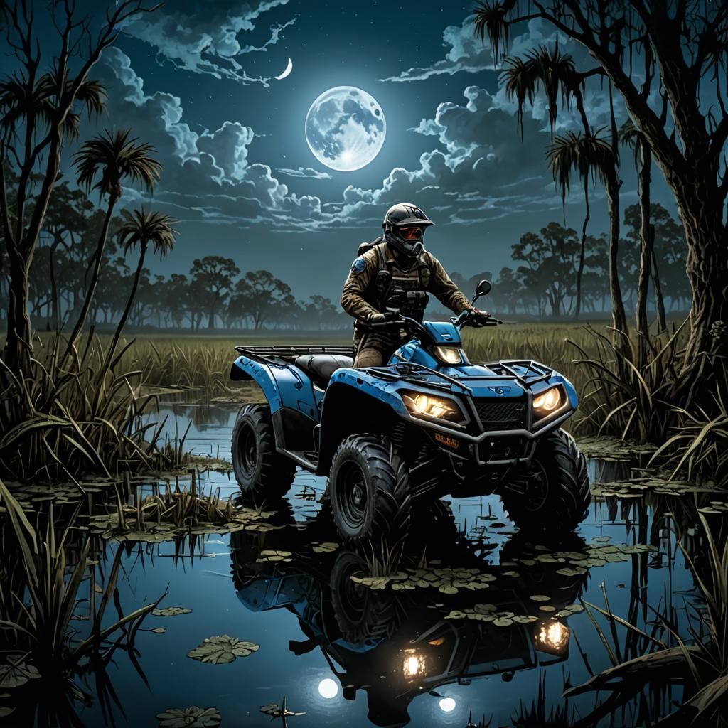 Quad in Louisiana swamps at night, with full blue moon in background. In graphic novel form 
 Mark Brooks and Dan Mumfor...