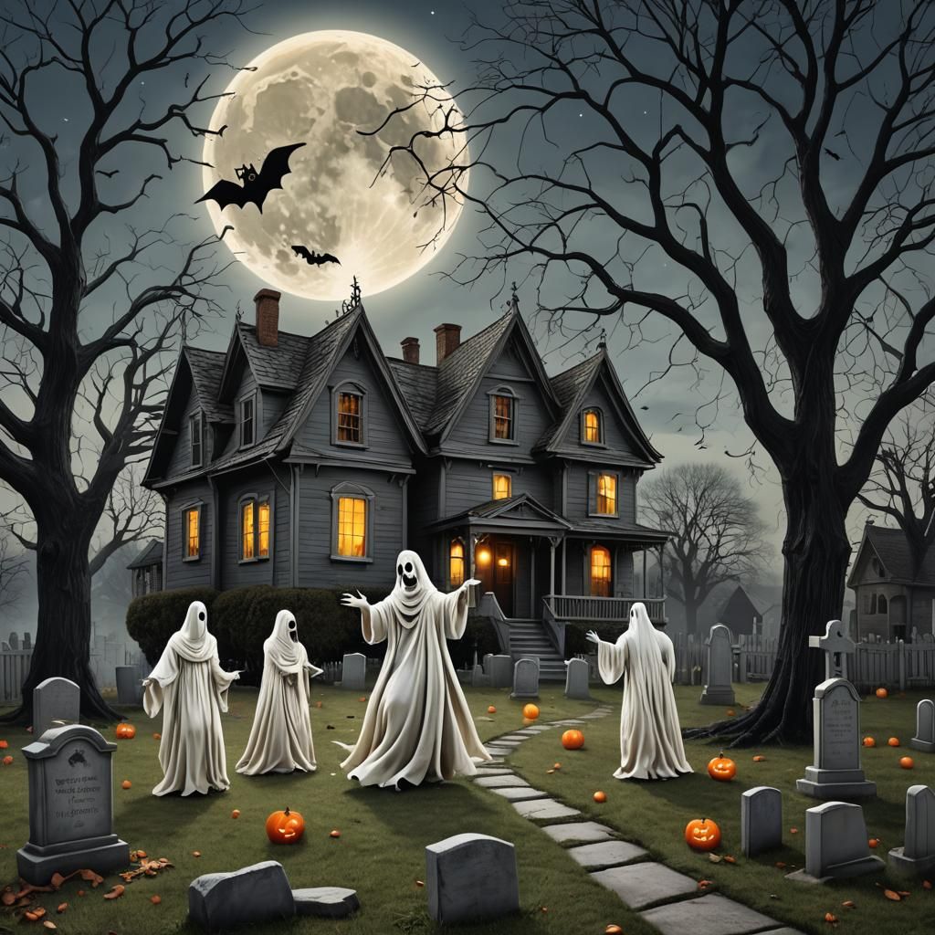 a Halloween scene. Realistic, fun Ghosts, Witch flying across the full moon, headstones, and a Mummy, The background has...