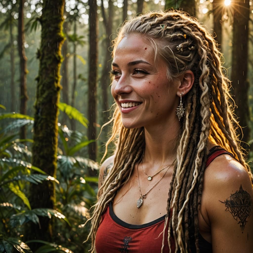 long blond dreadlock Rasta hair, White-skinned European girl, Fit and Muscular, Smiling, Tattoos made of light focused o...