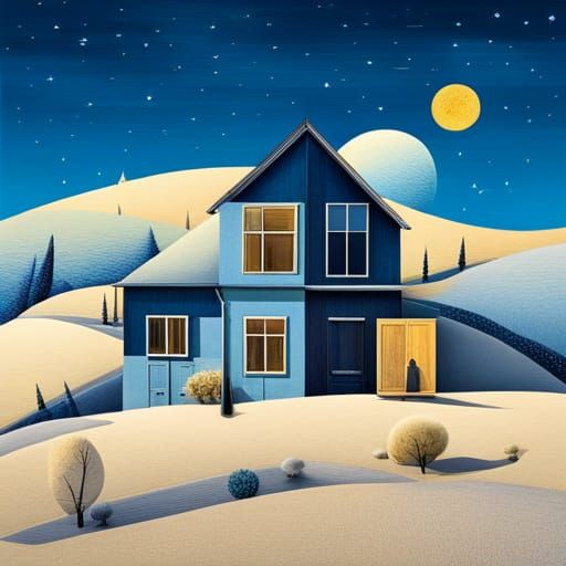 Cozy Stardust House on the Moon in Art Brut Style