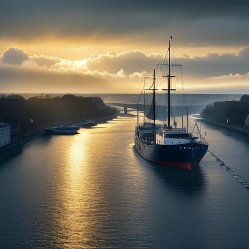 Boat on Rhine in Hyper-Realistic Digital Art