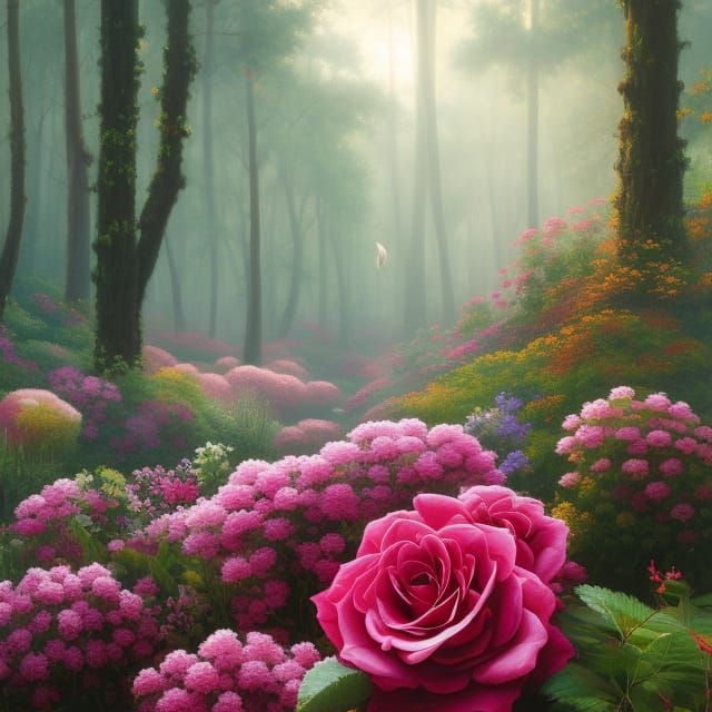 Dreamy Rose Flowers in Surrealist Forest, Matte Painting