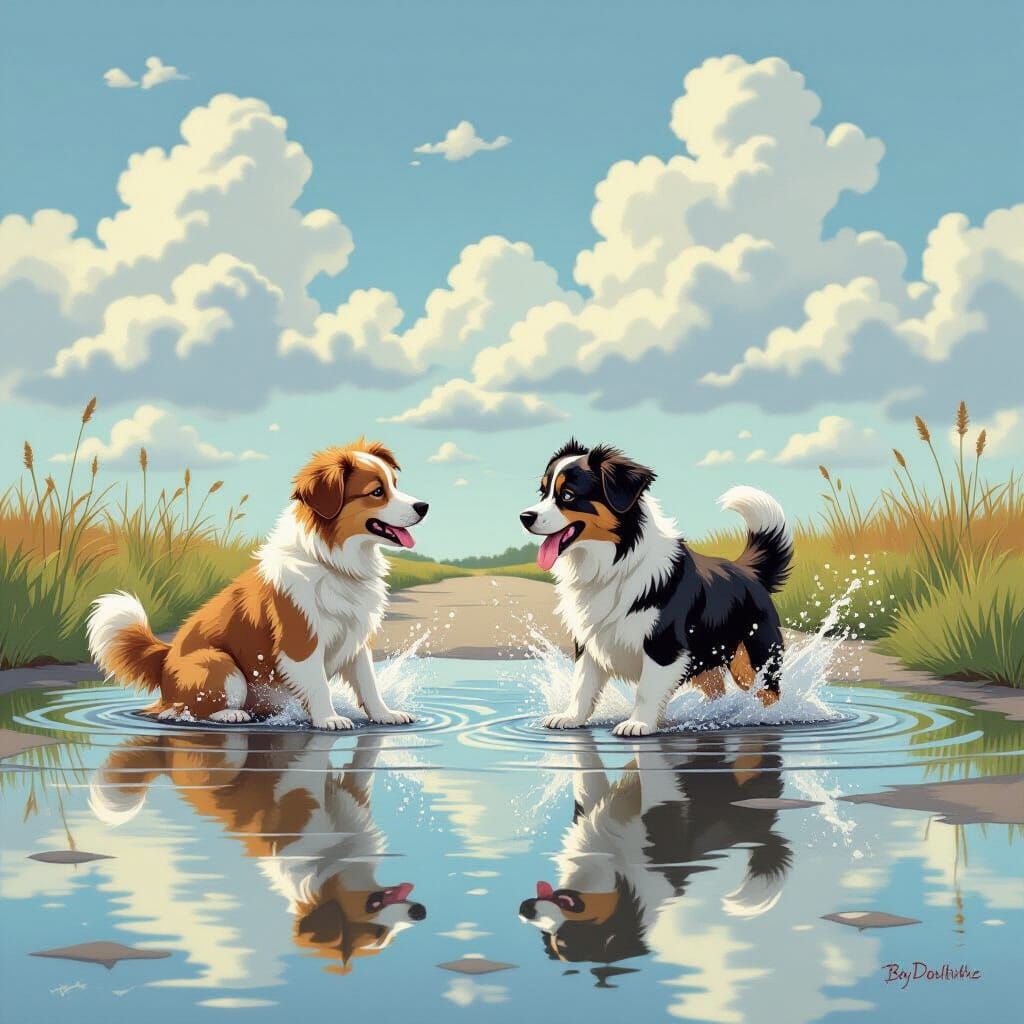 Dogs Playing in a Puddle Reflecting Sky