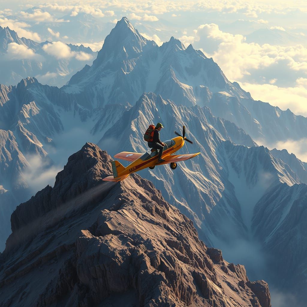 Hiker Rides Plane Down Mountain: Digital Art