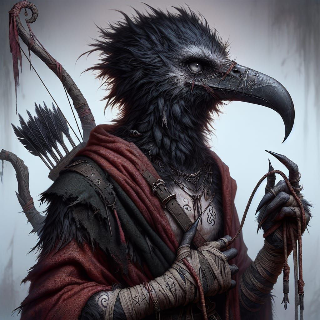 Mythical Kenku Character with Bow and Whip