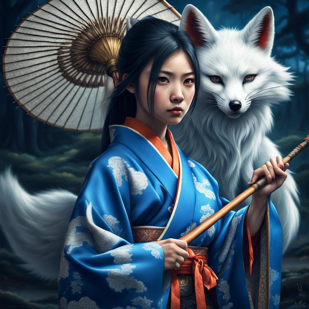 Asian Girl with Nine-Tailed Fox, Hyperrealistic