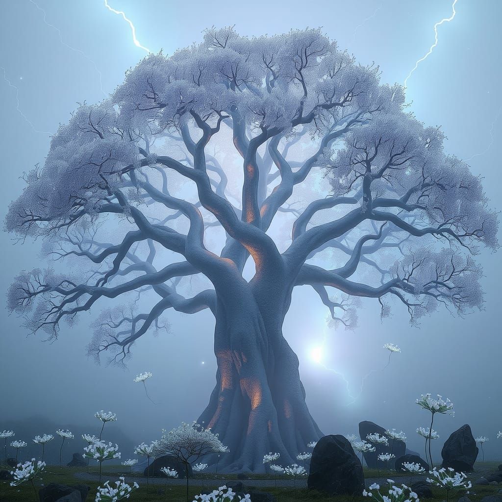 Ancient Crystal Tree in Dreamlike Landscape
