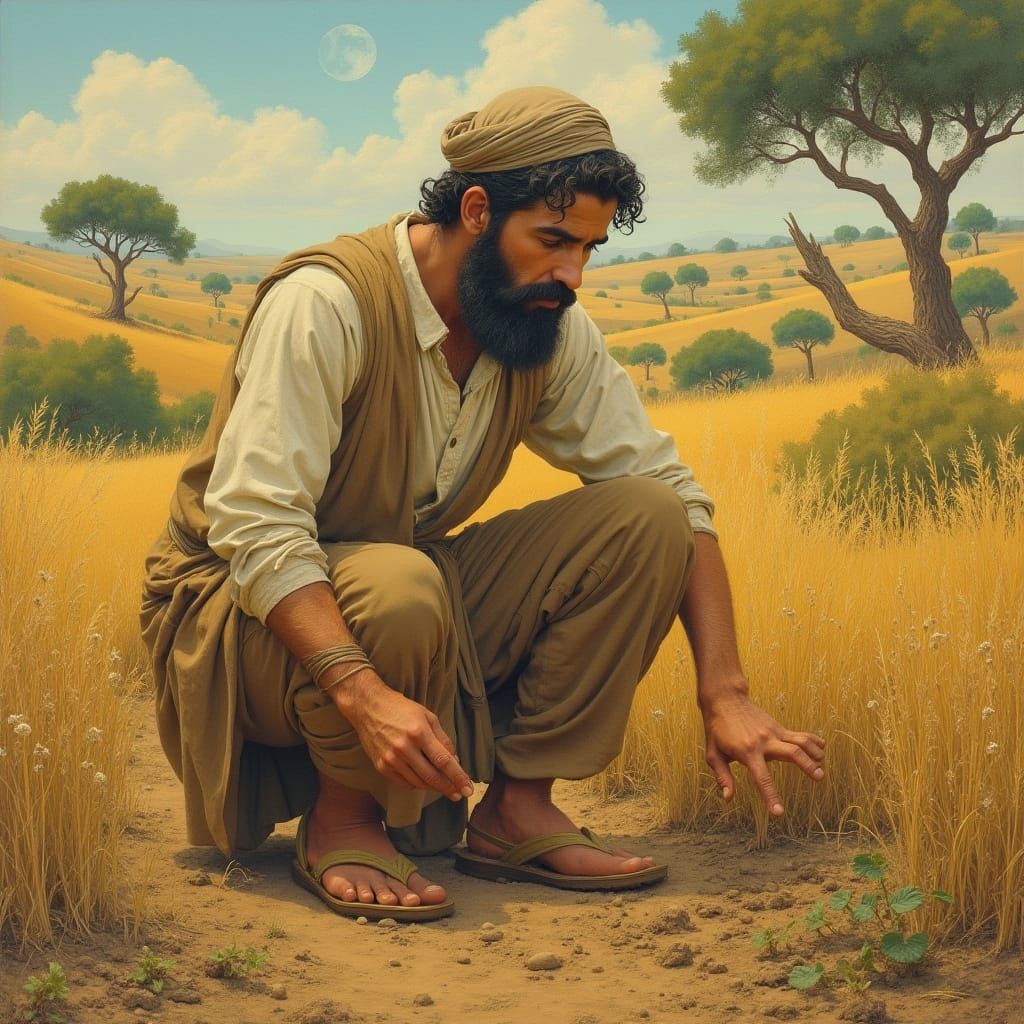 Ancient Israeli Farmer in a Chagall-Inspired Landscape
