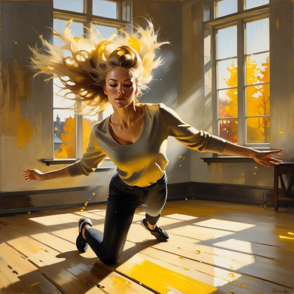 Girl Breakdancing in Sunlight: Oil Painting