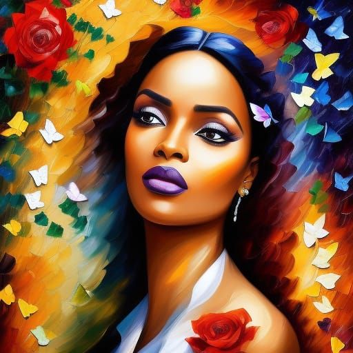 Nigerian Princess Portrait with Butterflies, Impasto Acrylic