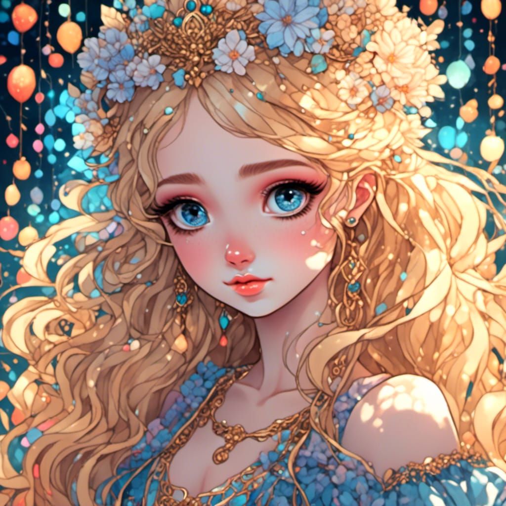 Anime Beauty with Blue Eyes in Coloring Book Style