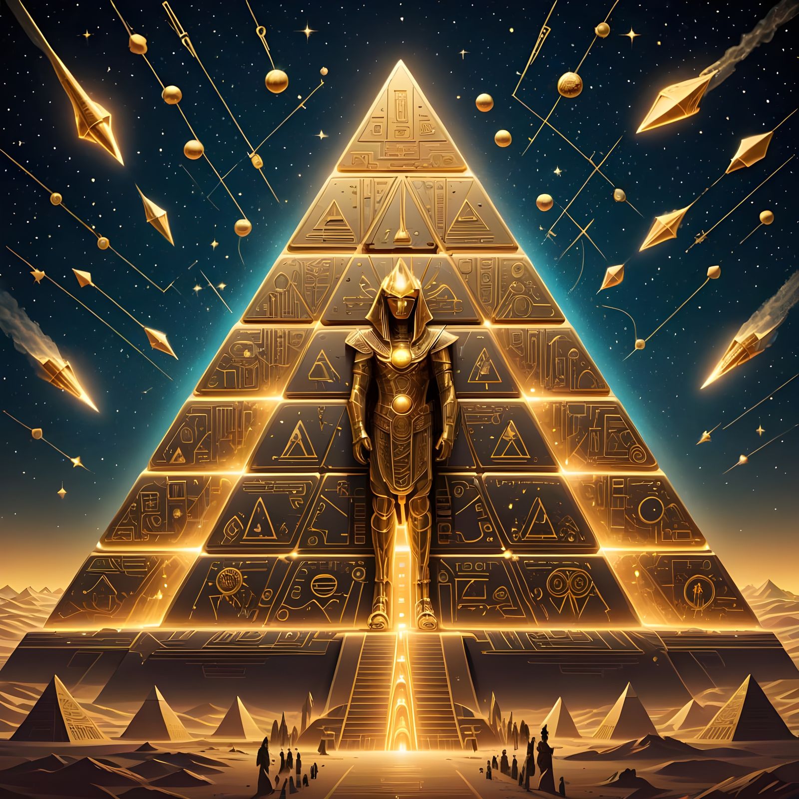 Starships Launching from Futuristic Egyptian Pyramids