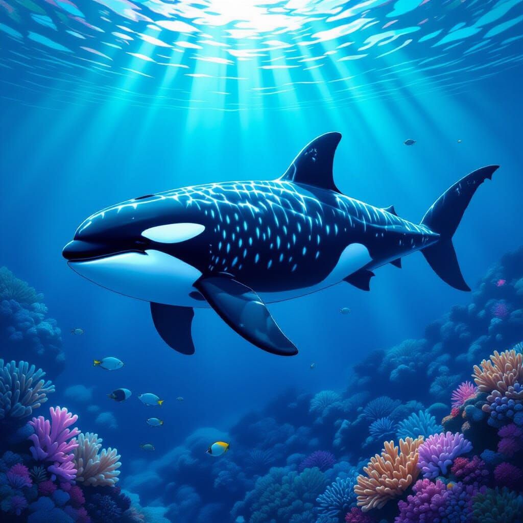 Orca Whale Shark Hybrid in Vibrant Coral Reef