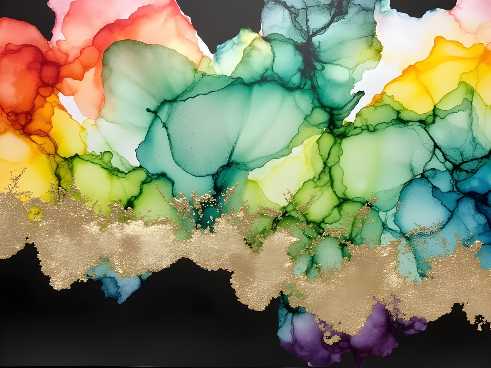 Vibrant Alcohol Inks Swirling on Black Paper