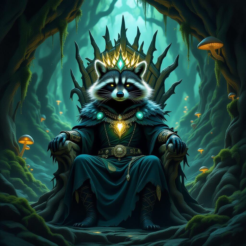 Ancient Raccoon King in Mossy Cavern, Dark Fantasy Style