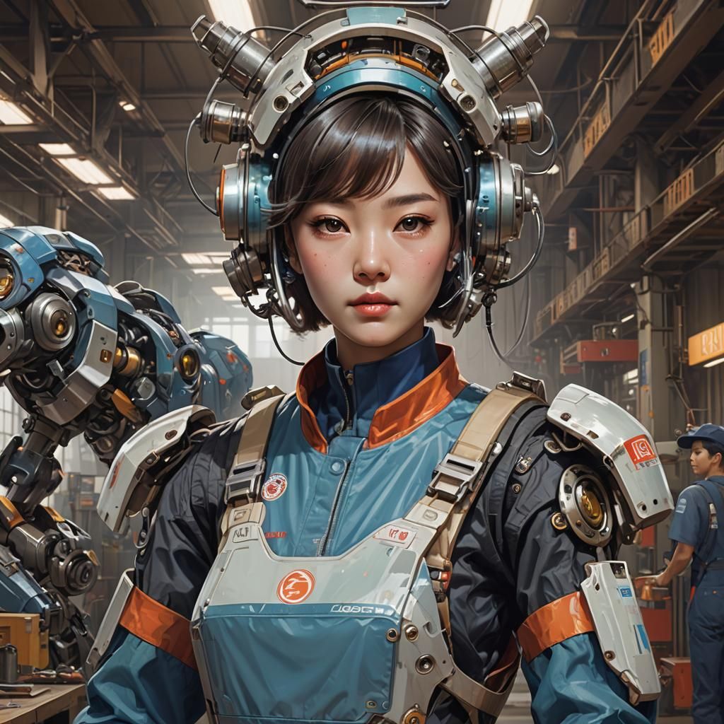 Korean Woman Repairs Robot: Hyperdetailed Digital Portrait