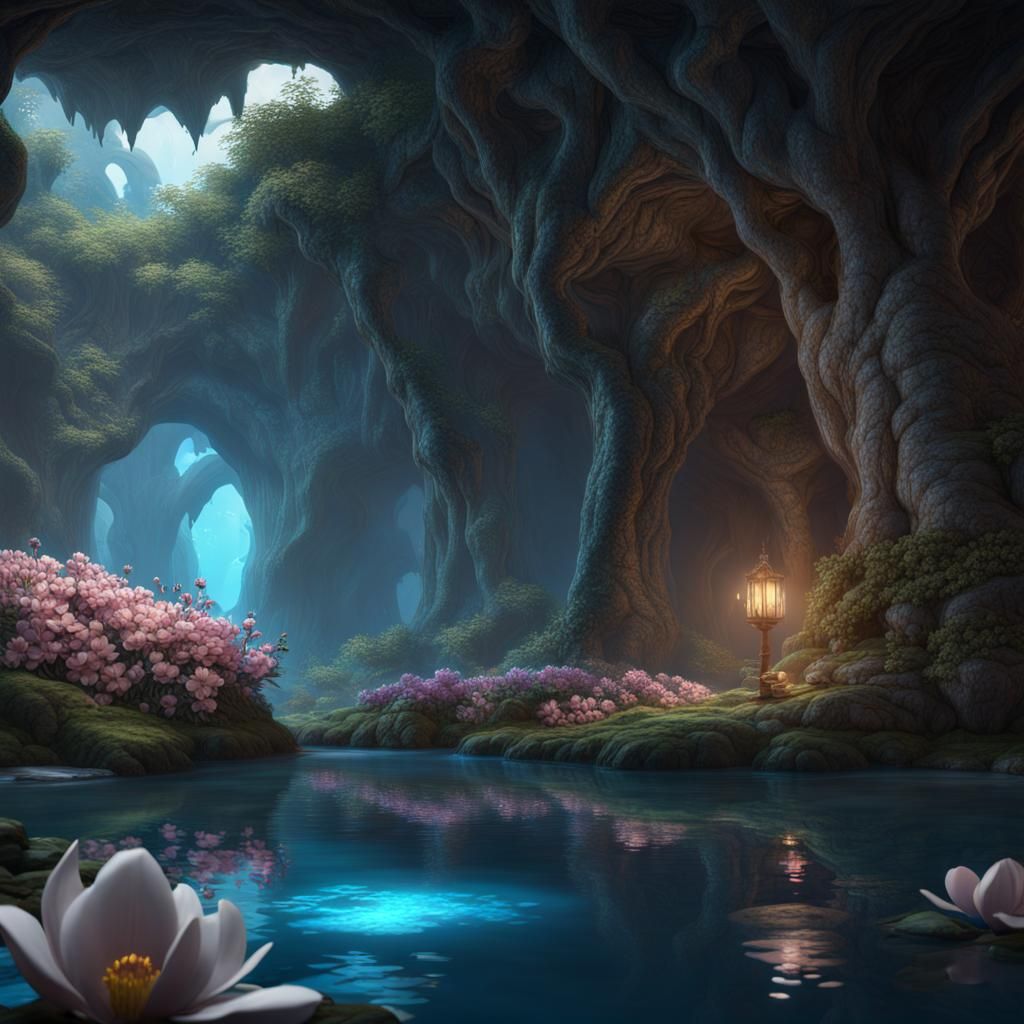 Fantastical Underground Cave with Magnolia Tree