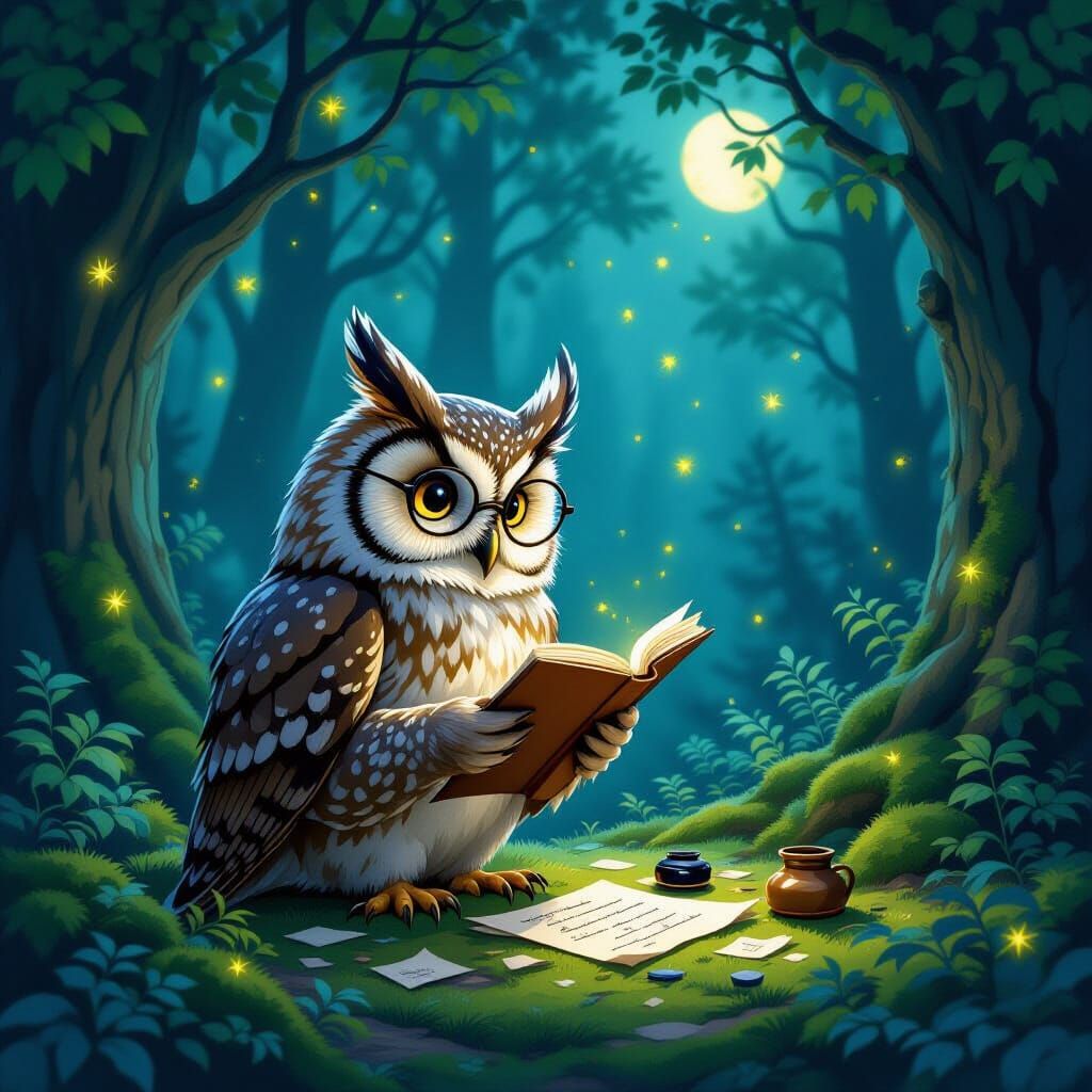 Wise Owl Writes Poetry in Moonlit Forest Grove