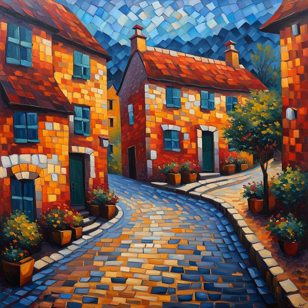 Cobblestone Village: Neo-Expressionist Oil Painting