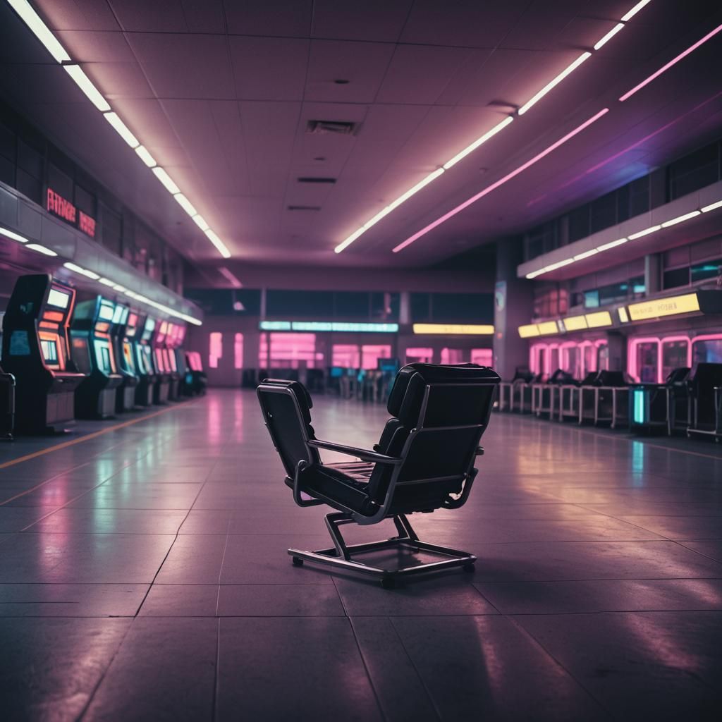 Neo-Noir Empty Airport at Night in Synthwave Style