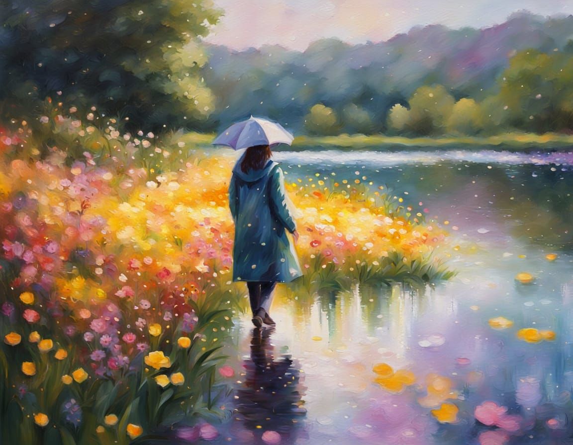 Impressionist Woman Walks by Wildflower Lake