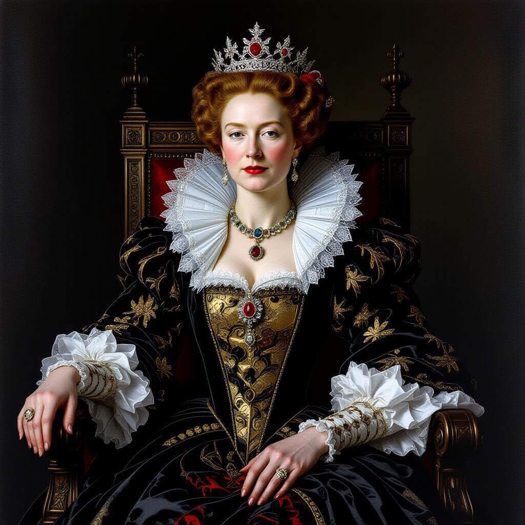 Regal Queen in Dramatic Throne Room, Oil Painting Style