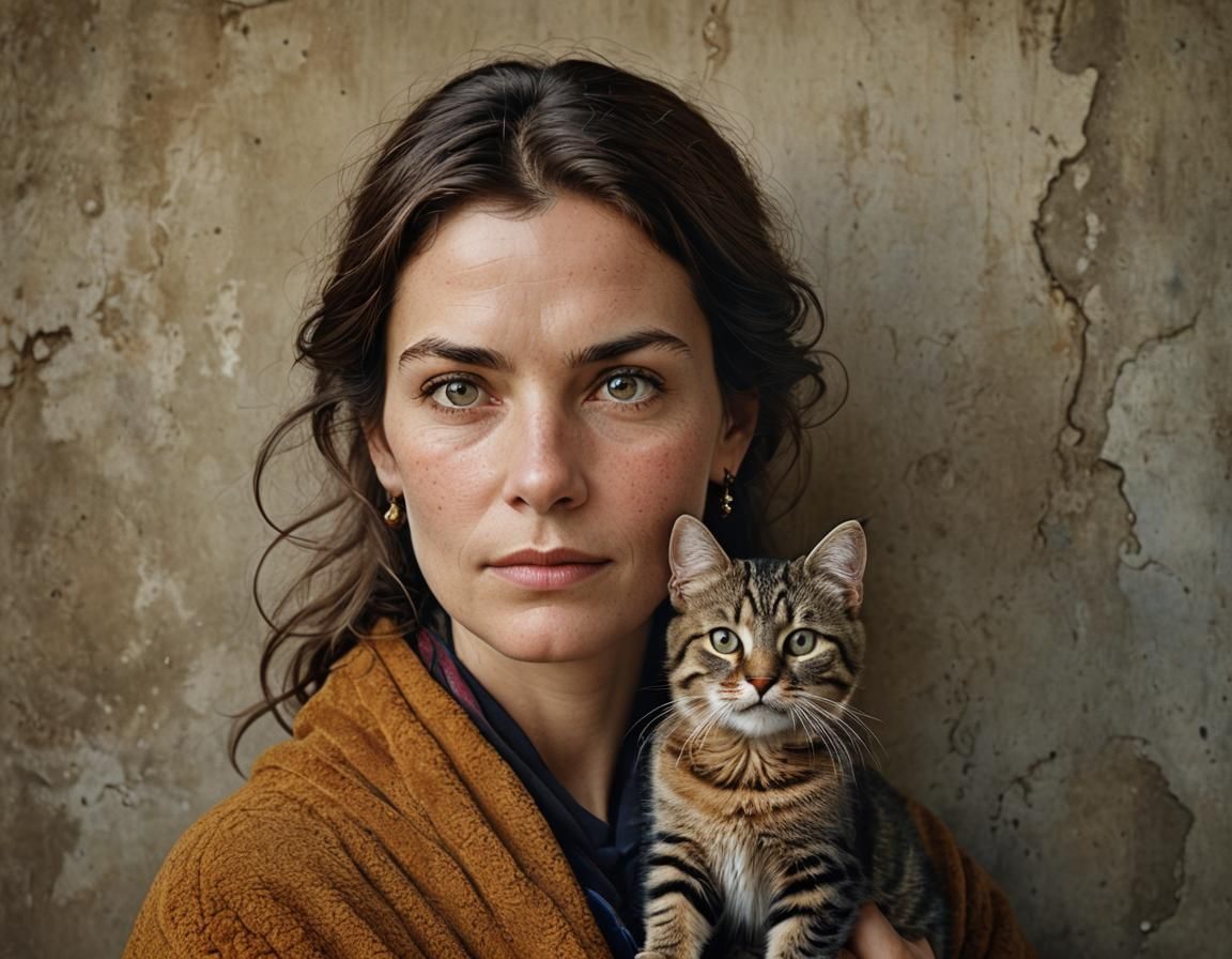 Stunning Woman and Cat Portrait with Bokeh
