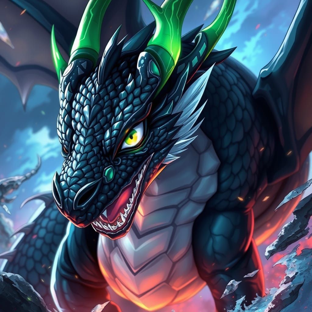 Anime Dragon with Black Scales and Green Horns
