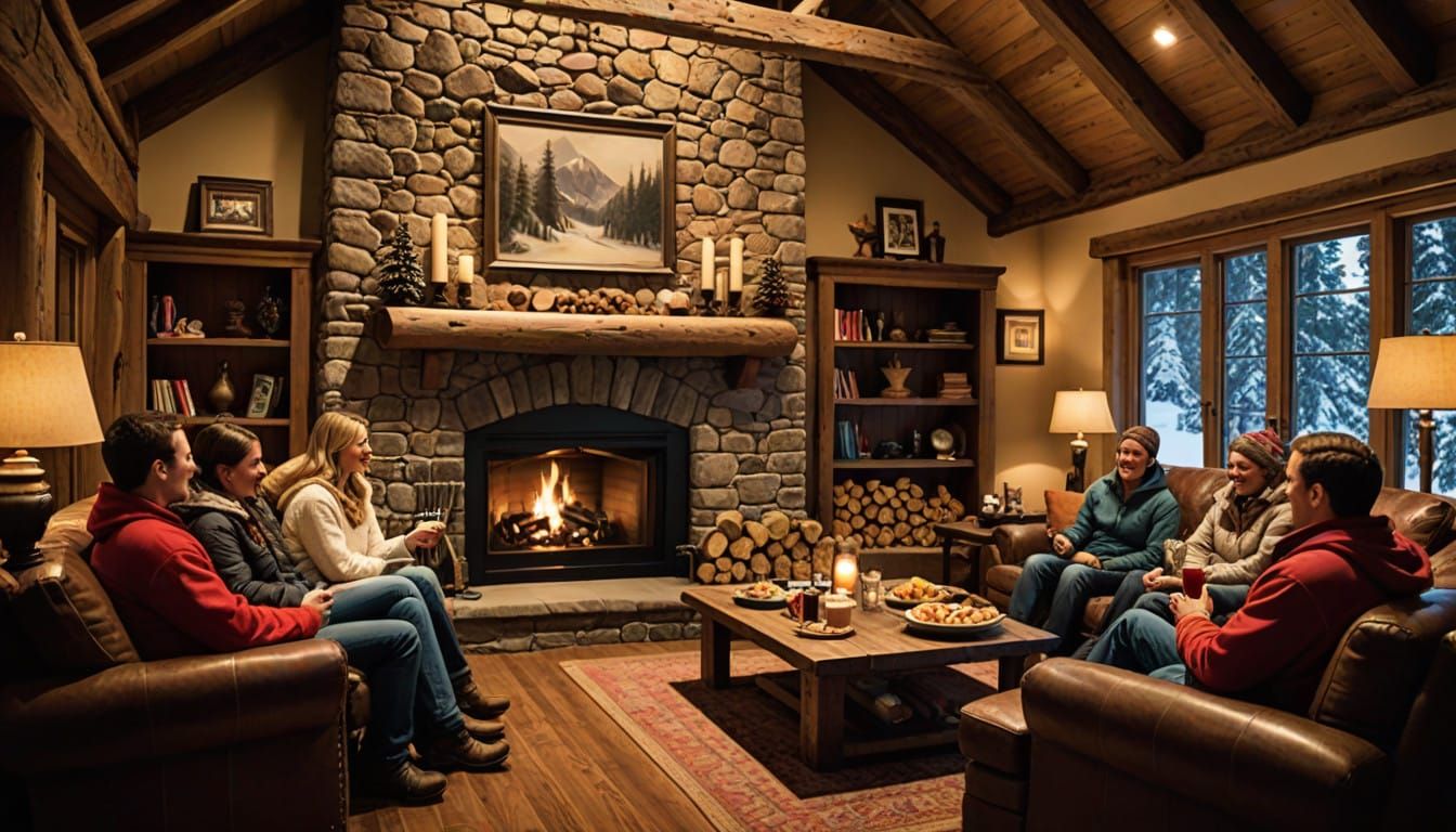 Friends Gather by Cozy Ski Lodge Fireplace