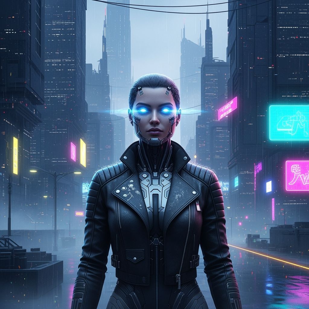 Cyborg Woman in Neon Cityscape, Futuristic Portrait
