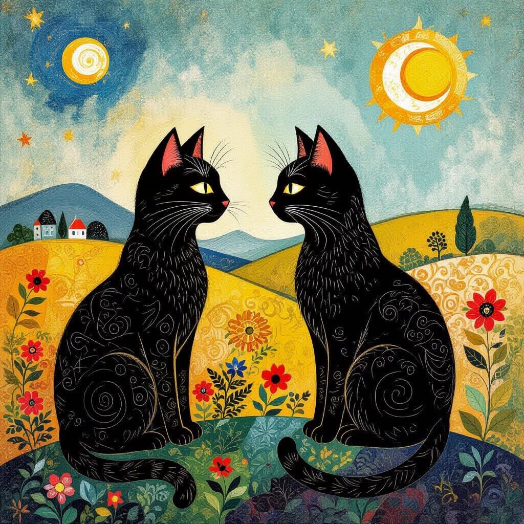 Romantic Cats in Dreamlike Landscape, Klimt Gold Style