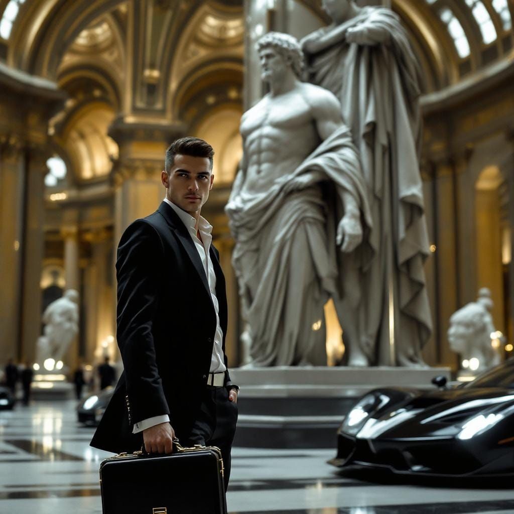 Futuristic Museum Scene with Man and Luxury Cars