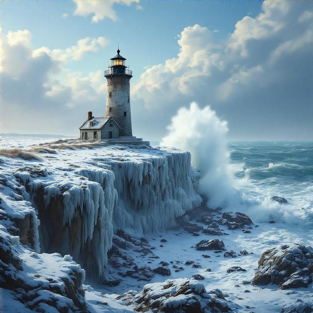 Frozen Lighthouse on Cliff Edge in Hyper-Realism