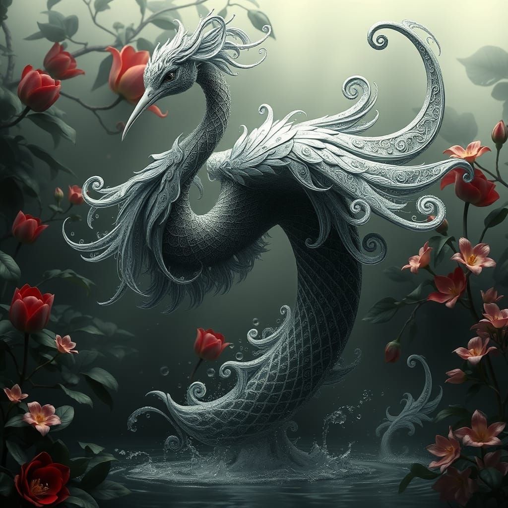 Majestic, Serpentine Avian Creature in Dark, Mystical Landsc...