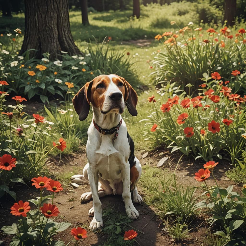 Happy Coonhound Dog Playing Outside in Sunny Flowers
