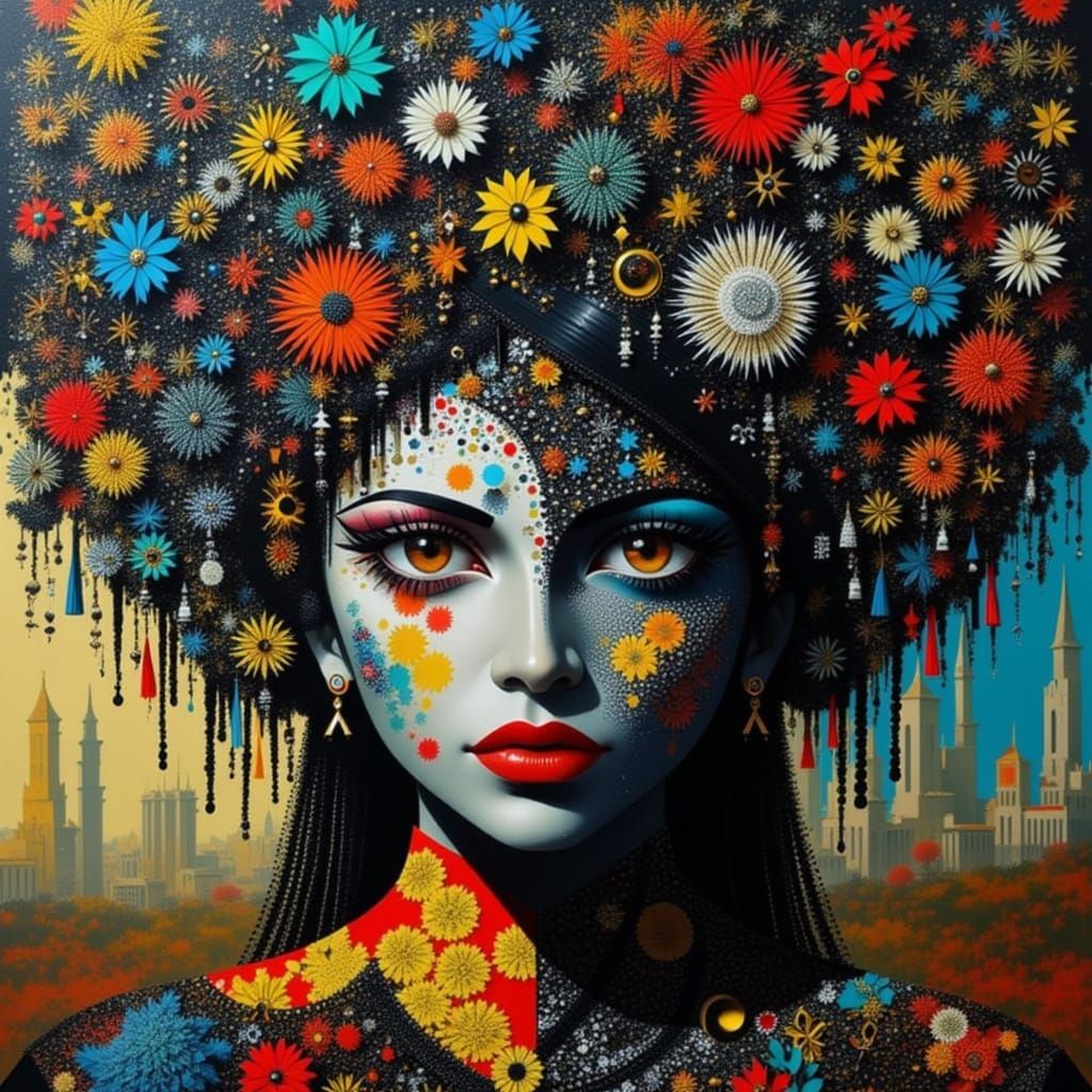 Tree Woman Portrait with Patchwork Nostalgia and Gold Accent...