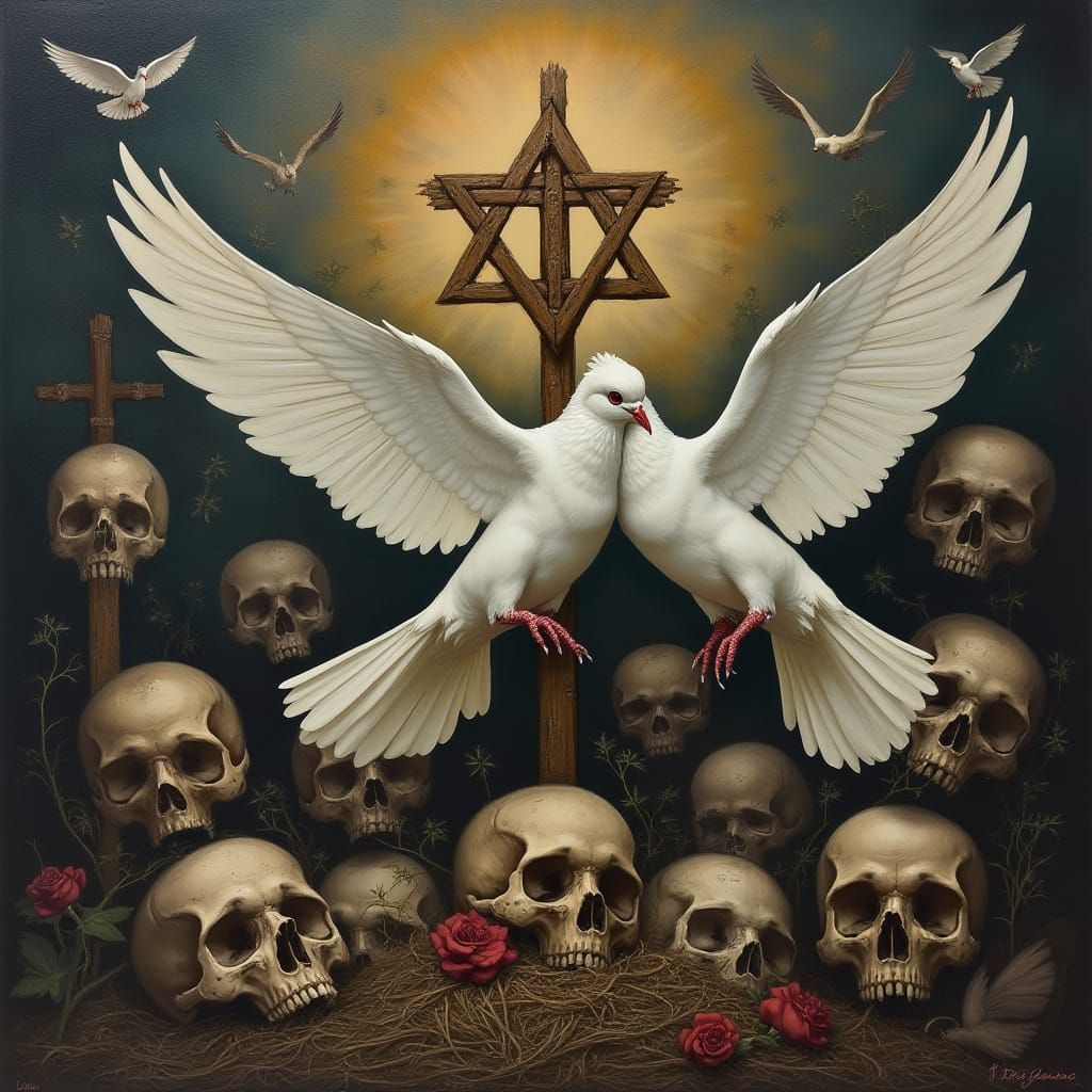 Doves Amidst War, Symbolizing Faith and Mortality