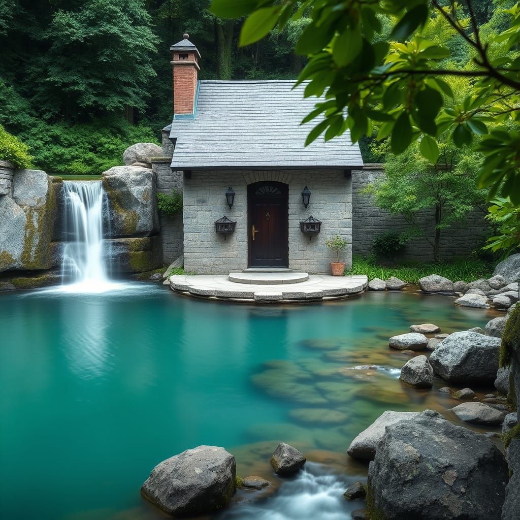 Stone Building Beside Waterfall in Natural Light