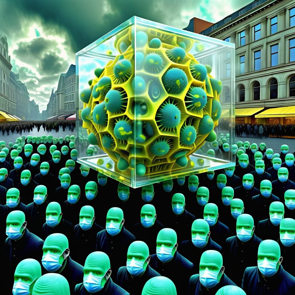 Crowd of Viruses with Face Masks: Magic Surrealism
