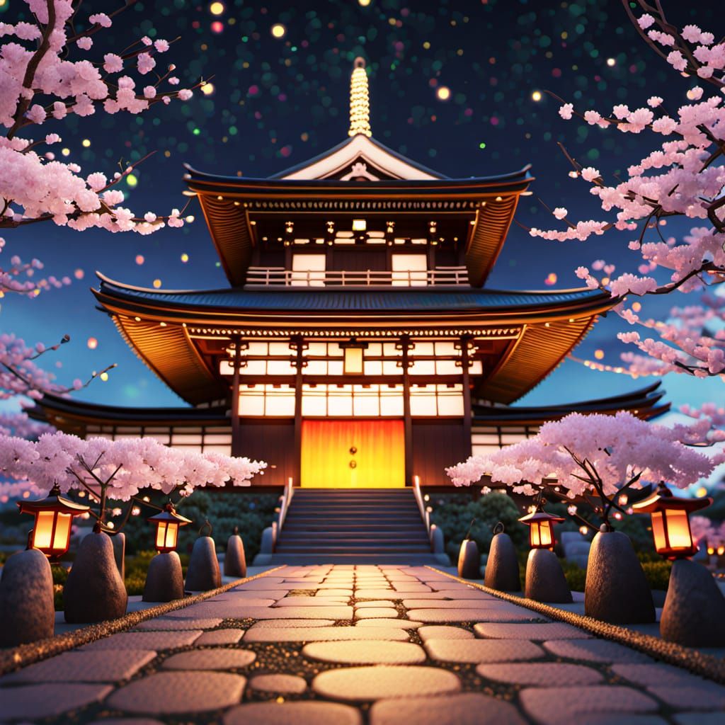 Kyoto Temple Under Rainbow Aurora