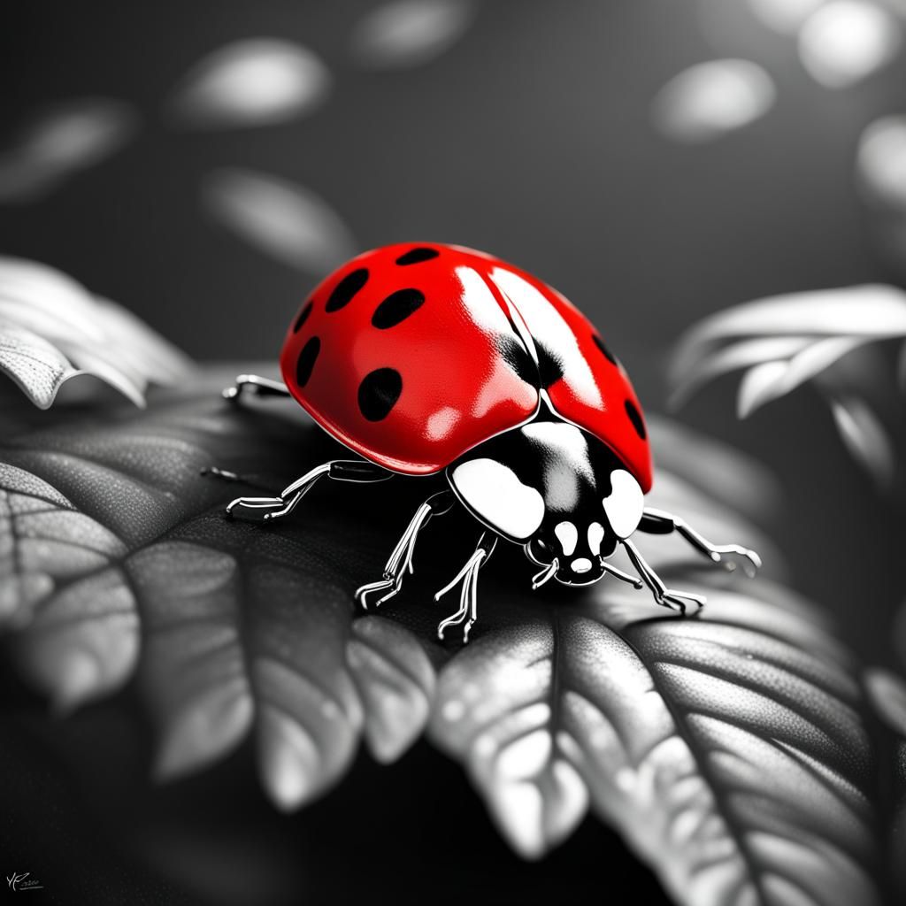 Red Ladybug on Black and White Leaves
