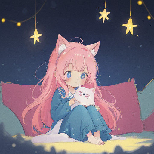Adorable Anime Woman Sits on Sofa in Nightgown, Petting Cat...