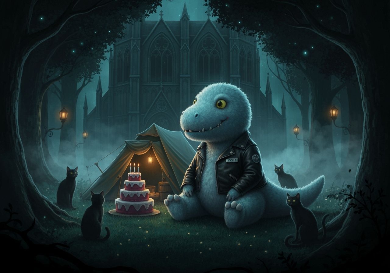 Gothic Dinosaur Birthday in Mystical Forest, Eerie Scene