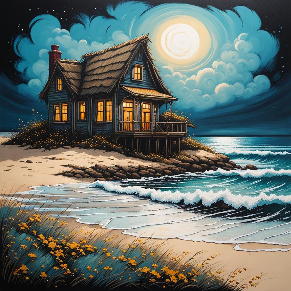 Seaside Cottage Painting with Palette Knife Texture