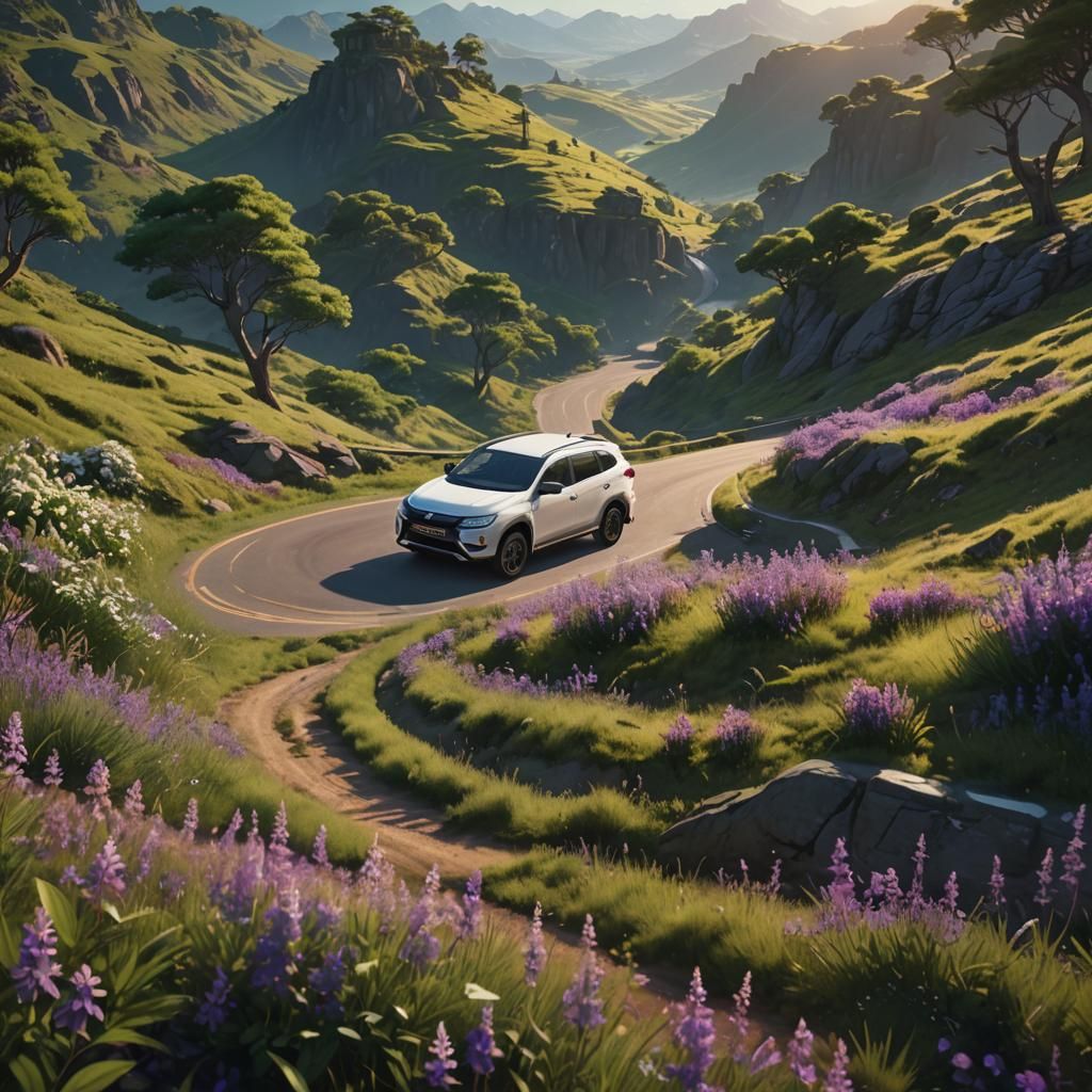 White Mitsubishi in Fantasy Landscape